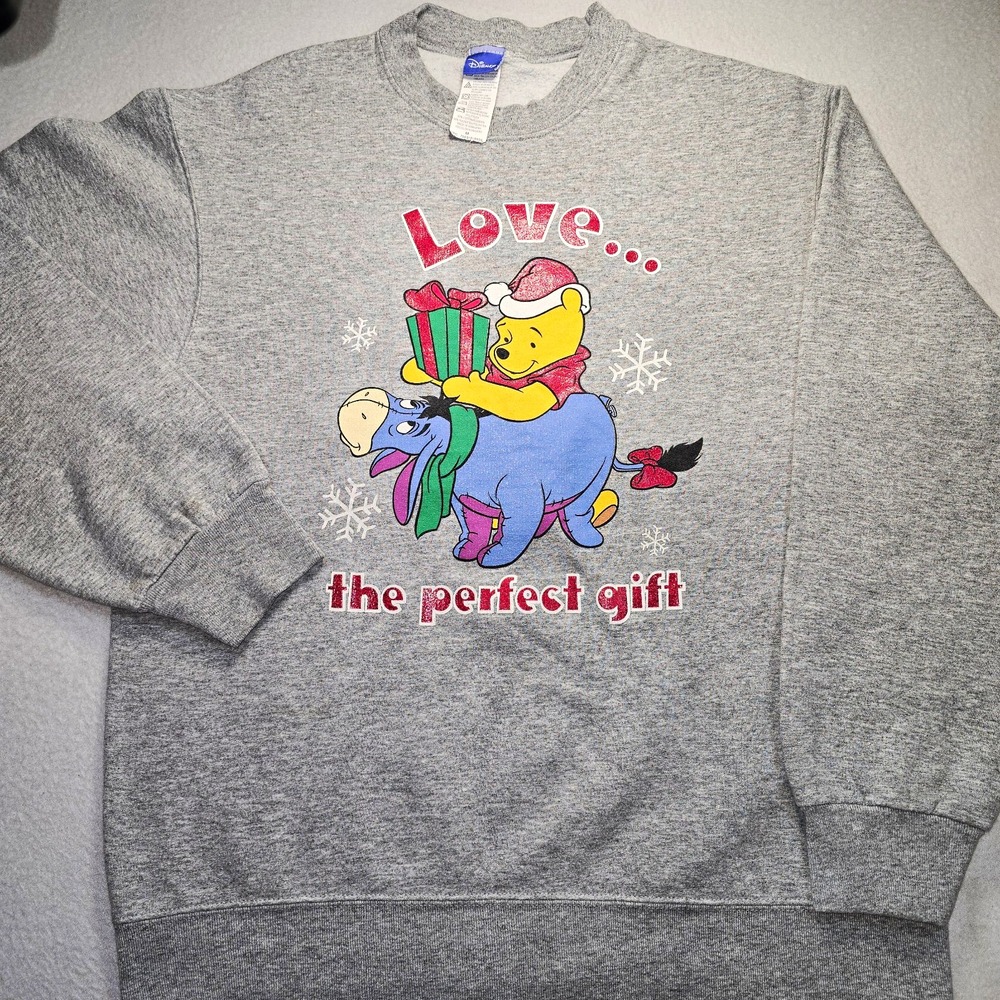 Vintage Disney Winnie the Pooh Christmas Sweatshirt M Grey Eeyore Holiday Y2K...